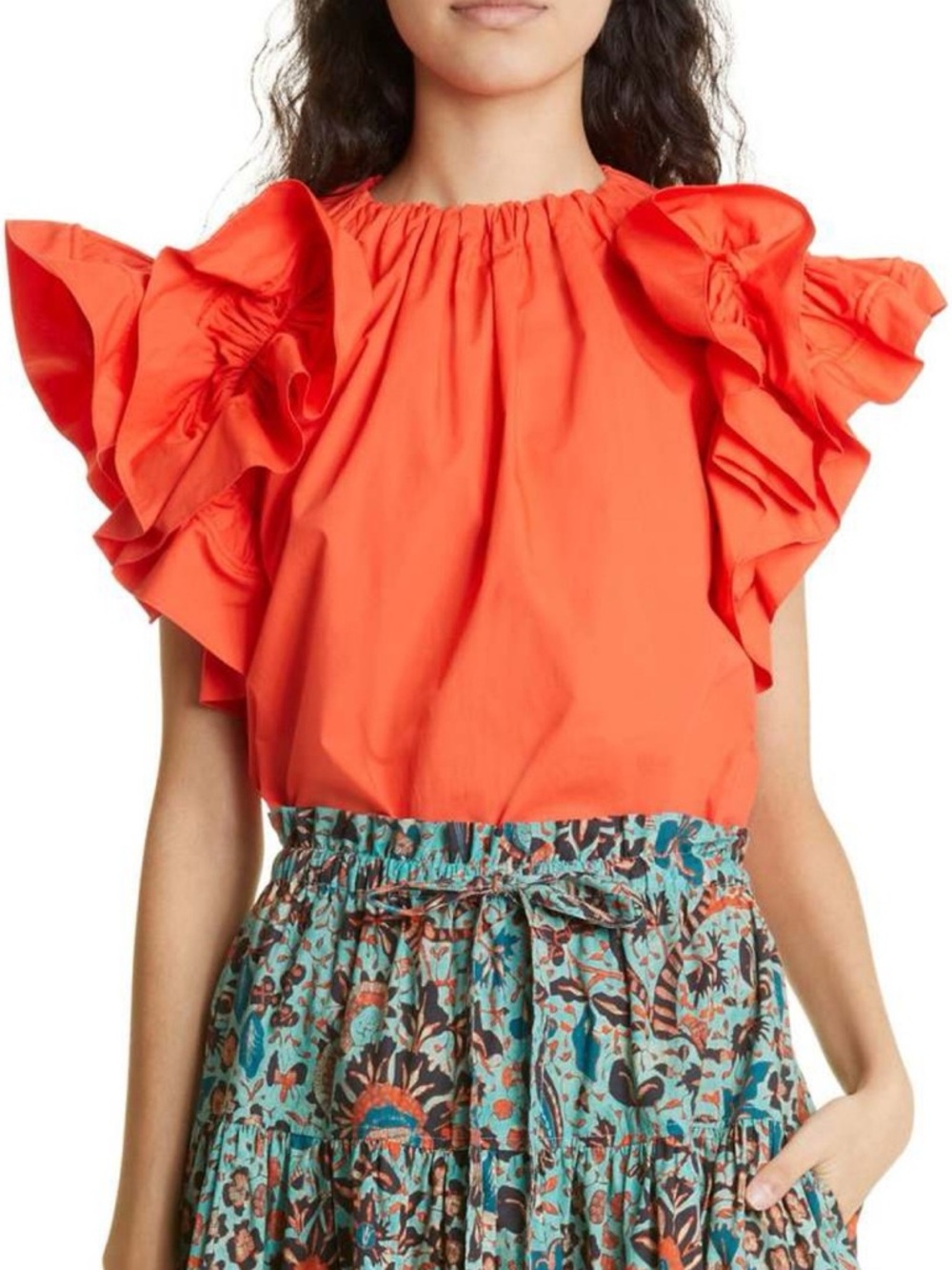 ULLA JOHNSON Elora Exaggerated Ruffle Sleeve Poplin Poppy Blouse \\ 2
